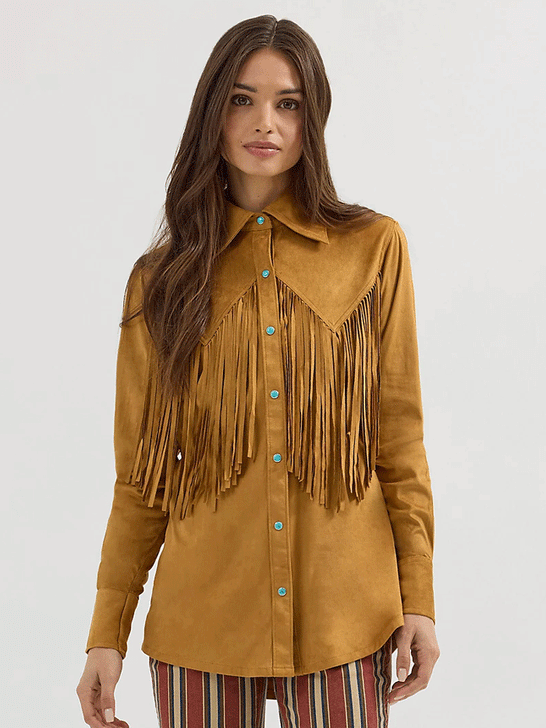 Wrangler 112360615 Womens X Lainey Wilson Fringe Snap Shirt Bronze front. If you need any assistance with this item or the purchase of this item please call us at five six one seven four eight eight eight zero one Monday through Saturday 10:00a.m EST to 8:00 p.m EST