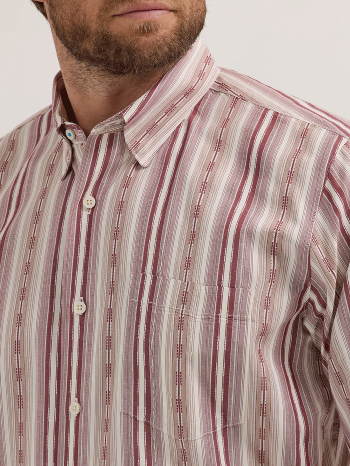 Wrangler 112357669 Mens Cody Johnson Button Down Stripe Shirt Burgundy front. If you need any assistance with this item or the purchase of this item please call us at five six one seven four eight eight eight zero one Monday through Saturday 10:00a.m EST to 8:00 p.m EST