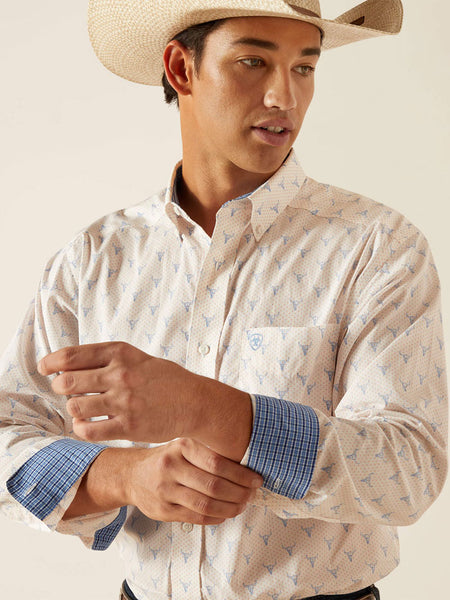 Ariat 10048365 Mens Wrinkle Free Ridge Classic Shirt White cuff close up. If you need any assistance with this item or the purchase of this item please call us at five six one seven four eight eight eight zero one Monday through Saturday 10:00a.m EST to 8:00 p.m EST