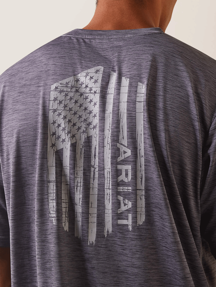 Ariat 10043340 Mens Charger Vertical Flag Tee Greystone back view. If you need any assistance with this item or the purchase of this item please call us at five six one seven four eight eight eight zero one Monday through Saturday 10:00a.m EST to 8:00 p.m EST