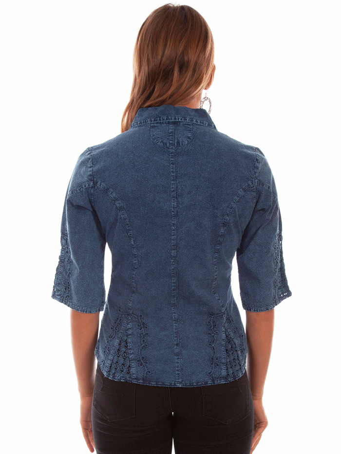 Scully PSL-064-DBL Womens 3/4 Sleeve Western Blouse Dark Blue front view. If you need any assistance with this item or the purchase of this item please call us at five six one seven four eight eight eight zero one Monday through Saturday 10:00a.m EST to 8:00 p.m EST