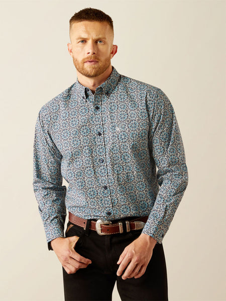 Ariat 10058967 Mens Santiago Classic Fit Shirt Dark Teal front view. If you need any assistance with this item or the purchase of this item please call us at five six one seven four eight eight eight zero one Monday through Saturday 10:00a.m EST to 8:00 p.m EST