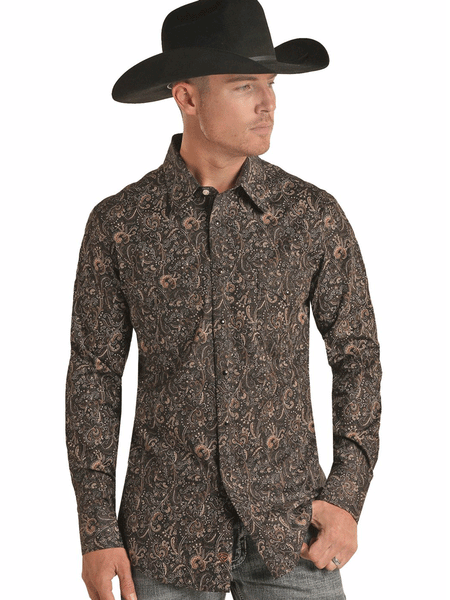 Rock & Roll Denim BMN2S02508 Mens Long Sleeve Paisley Woven Snap Shirt Black front view. If you need any assistance with this item or the purchase of this item please call us at five six one seven four eight eight eight zero one Monday through Saturday 10:00a.m EST to 8:00 p.m EST