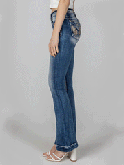 Miss Me M3080B39 Womens Pastel Angel Wing Bootcut Jean Blue side view. If you need any assistance with this item or the purchase of this item please call us at five six one seven four eight eight eight zero one Monday through Saturday 10:00a.m EST to 8:00 p.m EST