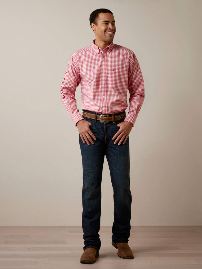 Ariat 10044908 Mens Pro Series Team Dustin Classic Fit Shirt Red front view. If you need any assistance with this item or the purchase of this item please call us at five six one seven four eight eight eight zero one Monday through Saturday 10:00a.m EST to 8:00 p.m EST