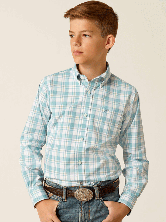 Ariat 10051412 Kids Pro Series Edward Classic Fit Shirt Turquoise front view. If you need any assistance with this item or the purchase of this item please call us at five six one seven four eight eight eight zero one Monday through Saturday 10:00a.m EST to 8:00 p.m EST