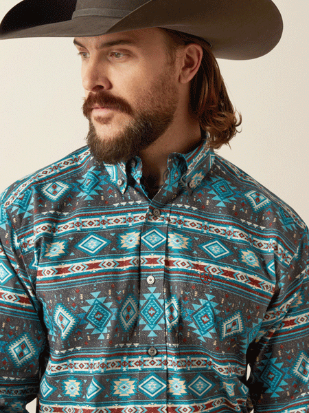 Ariat 10053868 Mens Prestcot Classic Fit Shirt Teal front close up. If you need any assistance with this item or the purchase of this item please call us at five six one seven four eight eight eight zero one Monday through Saturday 10:00a.m EST to 8:00 p.m EST