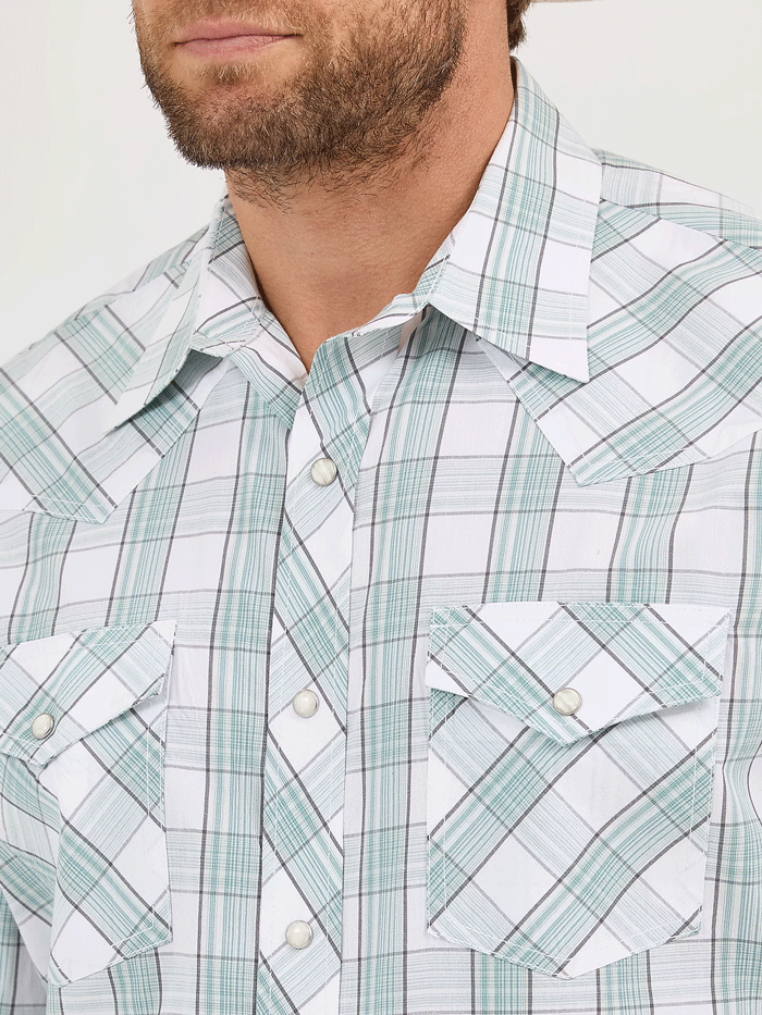 Wrangler 112359549 Mens 20X Competition Western Shirt Beryl Plaid Green front view. If you need any assistance with this item or the purchase of this item please call us at five six one seven four eight eight eight zero one Monday through Saturday 10:00a.m EST to 8:00 p.m EST