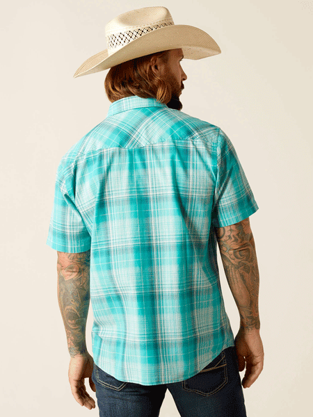 Ariat 10048498 Mens Haddon Retro Fit Short Sleeve Shirt Winter Aqua back view. If you need any assistance with this item or the purchase of this item please call us at five six one seven four eight eight eight zero one Monday through Saturday 10:00a.m EST to 8:00 p.m EST