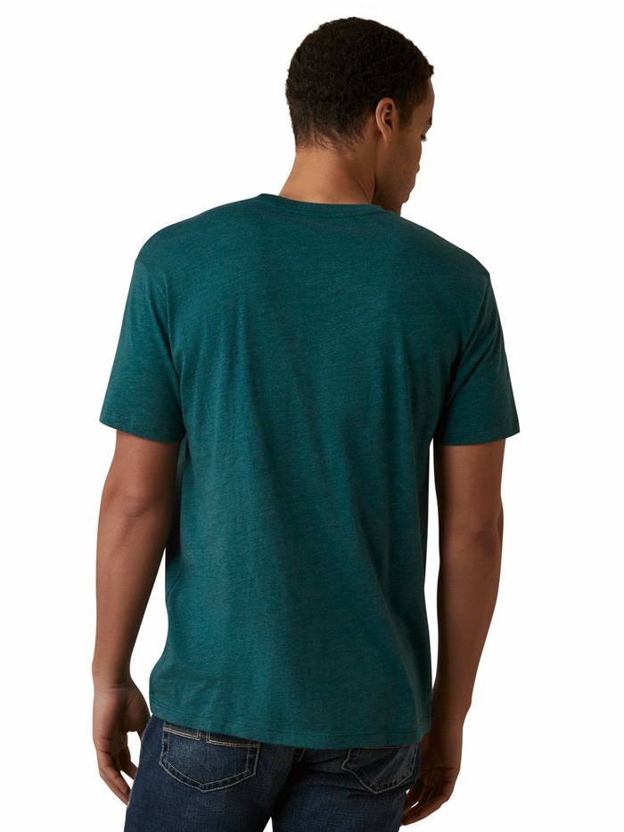 Ariat 10045284 Mens Center Fire T-Shirt Dark Teal Heather front view. If you need any assistance with this item or the purchase of this item please call us at five six one seven four eight eight eight zero one Monday through Saturday 10:00a.m EST to 8:00 p.m EST