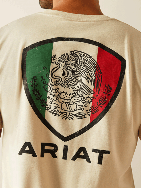 Ariat 10058883 Mens Tenochtitlan Shield T-Shirt Natural close up view of back. If you need any assistance with this item or the purchase of this item please call us at five six one seven four eight eight eight zero one Monday through Saturday 10:00a.m EST to 8:00 p.m EST

