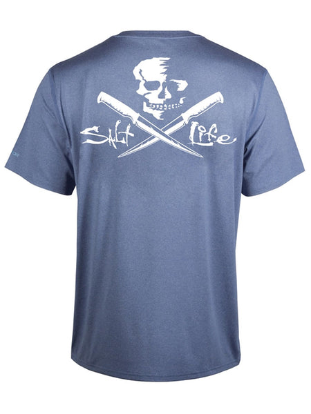 Salt Life SLM6368 Mens Skull And Fillet Short Sleeve Performance Pocket Tee Harbor Blue Heather back view. If you need any assistance with this item or the purchase of this item please call us at five six one seven four eight eight eight zero one Monday through Saturday 10:00a.m EST to 8:00 p.m EST