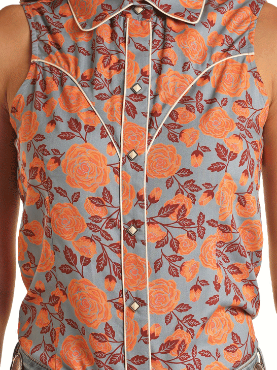 Rock & Roll Denim BWN0S03262 Womens Floral Sleeveless Snap Shirt Orange close up view of front. If you need any assistance with this item or the purchase of this item please call us at five six one seven four eight eight eight zero one Monday through Saturday 10:00a.m EST to 8:00 p.m EST