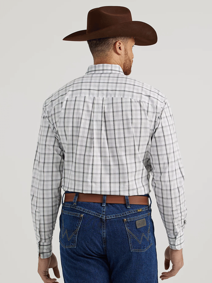 Wrangler 112344886 Mens George Strait Collection Long Sleeve Shirt Moon Gray Plaid front view. If you need any assistance with this item or the purchase of this item please call us at five six one seven four eight eight eight zero one Monday through Saturday 10:00a.m EST to 8:00 p.m EST