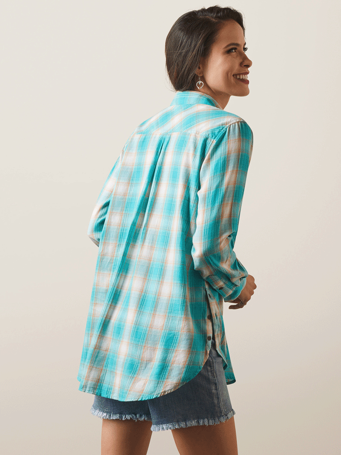 Ariat 10043447 Womens REAL Billie Rae Shirt Ojai Plaid Turquoise front and side view. If you need any assistance with this item or the purchase of this item please call us at five six one seven four eight eight eight zero one Monday through Saturday 10:00a.m EST to 8:00 p.m EST