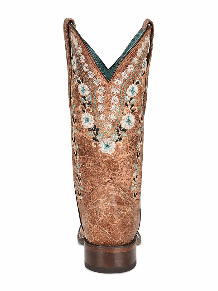 Corral A4398 Ladies Floral Embroidery Square Toe Western Boot Distressed Cognac front and side view. If you need any assistance with this item or the purchase of this item please call us at five six one seven four eight eight eight zero one Monday through Saturday 10:00a.m EST to 8:00 p.m EST