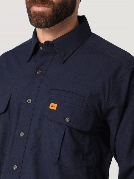 Wrangler 112319170 Mens Flame Resistant 20X Vented Work Shirt Navy front close up. If you need any assistance with this item or the purchase of this item please call us at five six one seven four eight eight eight zero one Monday through Saturday 10:00a.m EST to 8:00 p.m EST