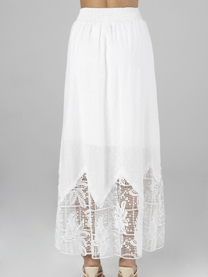 Miss Me MS0134L Womens Long Crochet Flowy Skirt With Tassel White front view. If you need any assistance with this item or the purchase of this item please call us at five six one seven four eight eight eight zero one Monday through Saturday 10:00a.m EST to 8:00 p.m EST
