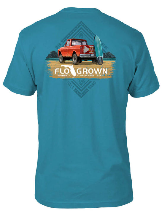 FloGrown FGM-1564 Mens Short Sleeve Vintage Truck Beach Tee Bondi Blue back view. If you need any assistance with this item or the purchase of this item please call us at five six one seven four eight eight eight zero one Monday through Saturday 10:00a.m EST to 8:00 p.m EST