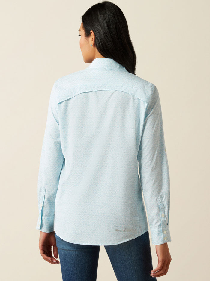 Ariat 10055207 Womens VentTEK Stretch Shirt Deco Watercolor Light Blue front view. If you need any assistance with this item or the purchase of this item please call us at five six one seven four eight eight eight zero one Monday through Saturday 10:00a.m EST to 8:00 p.m EST