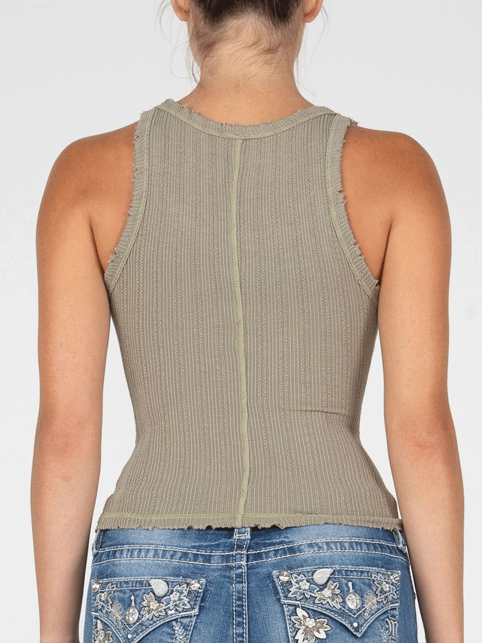 Miss Me MT2821T-OLV Womens Ribbed Cropped Tank Top Olive Green front view. If you need any assistance with this item or the purchase of this item please call us at five six one seven four eight eight eight zero one Monday through Saturday 10:00a.m EST to 8:00 p.m EST