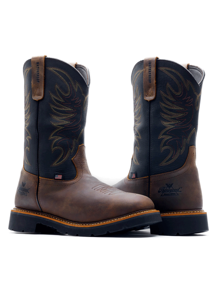 Thorogood 814-4330 Mens Square Toe Wellington Waterproof Boot Crazyhorse Brown front and side view. If you need any assistance with this item or the purchase of this item please call us at five six one seven four eight eight eight zero one Monday through Saturday 10:00a.m EST to 8:00 p.m EST