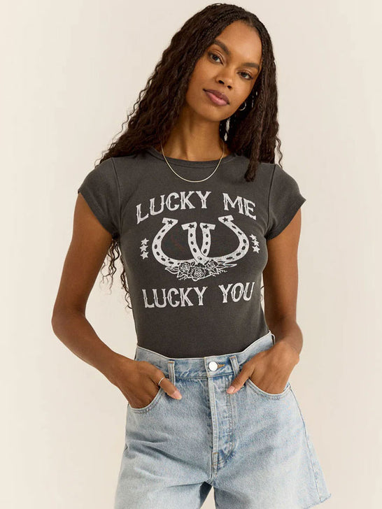 Z Supply GT242934S Womens LUCKY ME Cheeky Tee Black Sand front view. If you need any assistance with this item or the purchase of this item please call us at five six one seven four eight eight eight zero one Monday through Saturday 10:00a.m EST to 8:00 p.m EST