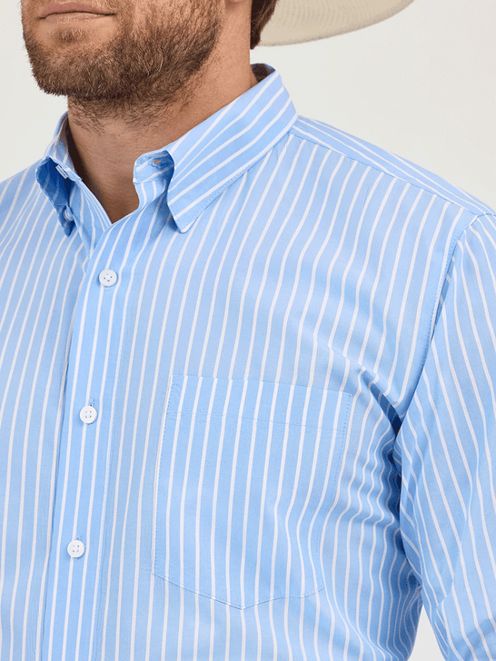 Wrangler 112365617 Mens Cody Johnson Button Down Stripe Shirt Powder Blue front close up. If you need any assistance with this item or the purchase of this item please call us at five six one seven four eight eight eight zero one Monday through Saturday 10:00a.m EST to 8:00 p.m EST