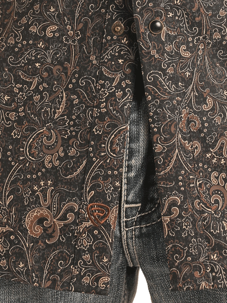 Rock & Roll Denim BMN2S02508 Mens Long Sleeve Paisley Woven Snap Shirt Black close up view of fabric. If you need any assistance with this item or the purchase of this item please call us at five six one seven four eight eight eight zero one Monday through Saturday 10:00a.m EST to 8:00 p.m EST