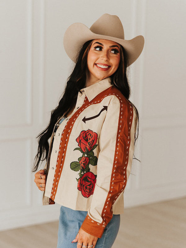 Lucky & Blessed JO452-TAN Womens Embroidered Long Sleeve Snap Shirt Tan front view. If you need any assistance with this item or the purchase of this item please call us at five six one seven four eight eight eight zero one Monday through Saturday 10:00a.m EST to 8:00 p.m EST
