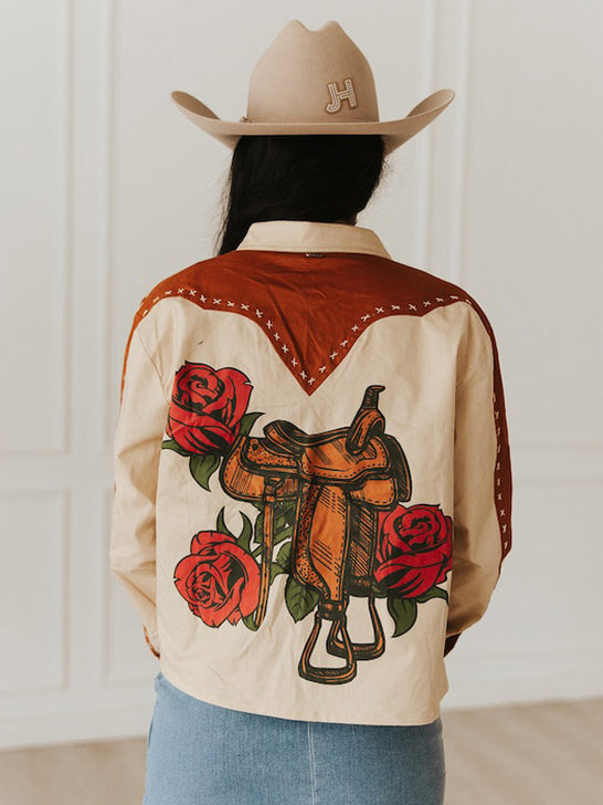 Lucky & Blessed JO452-TAN Womens Embroidered Long Sleeve Snap Shirt Tan back view. If you need any assistance with this item or the purchase of this item please call us at five six one seven four eight eight eight zero one Monday through Saturday 10:00a.m EST to 8:00 p.m EST