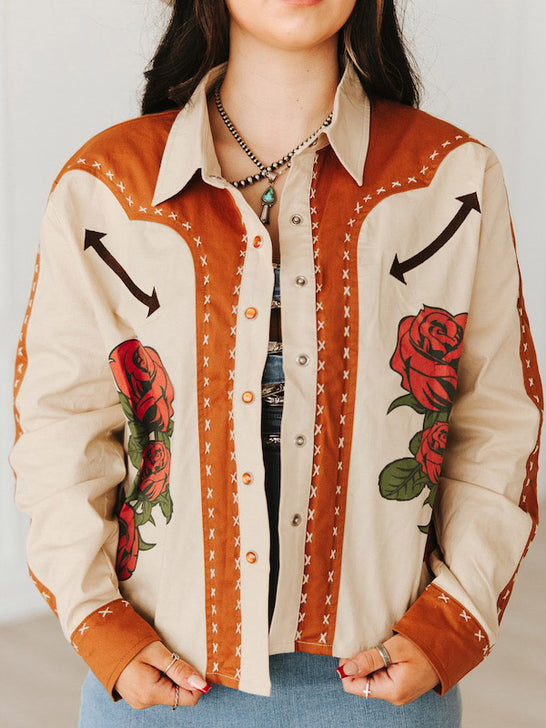 Lucky & Blessed JO452-TAN Womens Embroidered Long Sleeve Snap Shirt Tan front view. If you need any assistance with this item or the purchase of this item please call us at five six one seven four eight eight eight zero one Monday through Saturday 10:00a.m EST to 8:00 p.m EST
