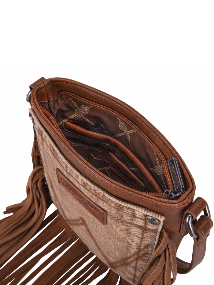 Wrangler WG44-8360LBR Womens Leather Fringe Jean Denim Pocket Crossbody Bag Brown front. If you need any assistance with this item or the purchase of this item please call us at five six one seven four eight eight eight zero one Monday through Saturday 10:00a.m EST to 8:00 p.m EST

