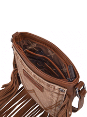 Wrangler WG44-8360LBR Womens Leather Fringe Jean Denim Pocket Crossbody Bag Brown inside view. If you need any assistance with this item or the purchase of this item please call us at five six one seven four eight eight eight zero one Monday through Saturday 10:00a.m EST to 8:00 p.m EST

