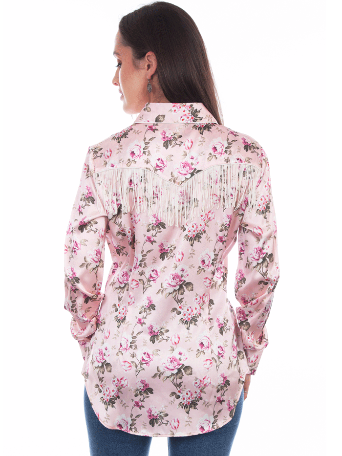 Scully HC827-ROS Womens Rose Print Western Fringe Shirt Pink front view. If you need any assistance with this item or the purchase of this item please call us at five six one seven four eight eight eight zero one Monday through Saturday 10:00a.m EST to 8:00 p.m EST