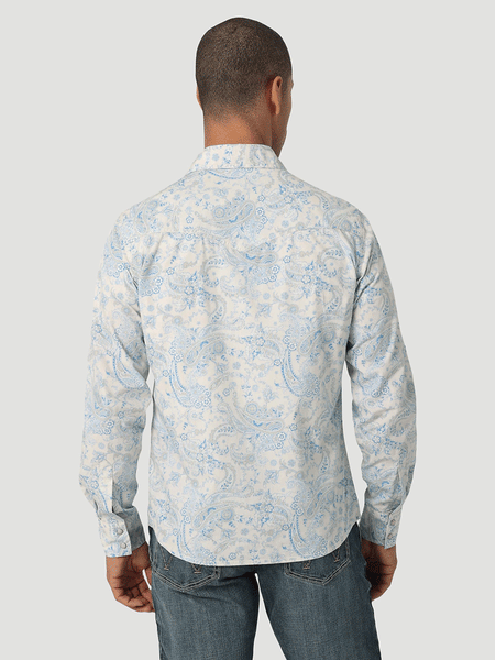 Wrangler 112327790 Mens Retro Premium Long Sleeve Shirt Toile Blue back view. If you need any assistance with this item or the purchase of this item please call us at five six one seven four eight eight eight zero one Monday through Saturday 10:00a.m EST to 8:00 p.m EST