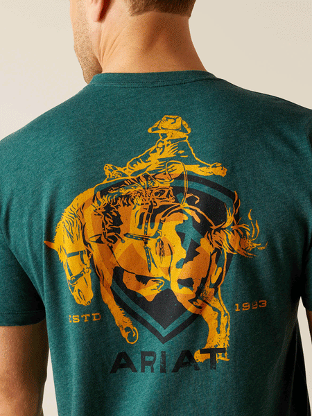 Ariat 10051455 Mens Abilene Shield T-Shirt Dark Teal Heather close up of back graphic. If you need any assistance with this item or the purchase of this item please call us at five six one seven four eight eight eight zero one Monday through Saturday 10:00a.m EST to 8:00 p.m EST