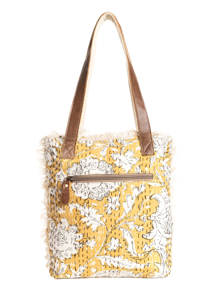 Myra Bag S-10851 Womens Prairie Leaf Mini Tote Bag Gold front. If you need any assistance with this item or the purchase of this item please call us at five six one seven four eight eight eight zero one Monday through Saturday 10:00a.m EST to 8:00 p.m EST