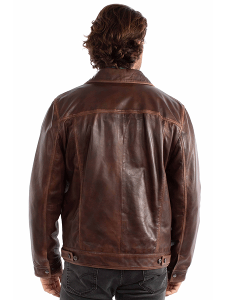 Scully 1055-116 Mens Leather Jean Jacket Cognac Dark Brown back view. If you need any assistance with this item or the purchase of this item please call us at five six one seven four eight eight eight zero one Monday through Saturday 10:00a.m EST to 8:00 p.m EST

