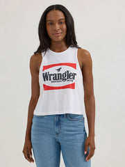 Wrangler 112361879 Womens Festival Crop Graphic Tank White Block front view. If you need any assistance with this item or the purchase of this item please call us at five six one seven four eight eight eight zero one Monday through Saturday 10:00a.m EST to 8:00 p.m EST