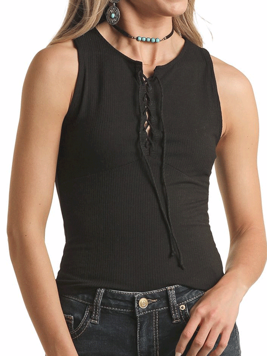 Panhandle JW20T03613 Ladies Lace up Tank Black front view close up view. If you need any assistance with this item or the purchase of this item please call us at five six one seven four eight eight eight zero one Monday through Saturday 10:00a.m EST to 8:00 p.m EST