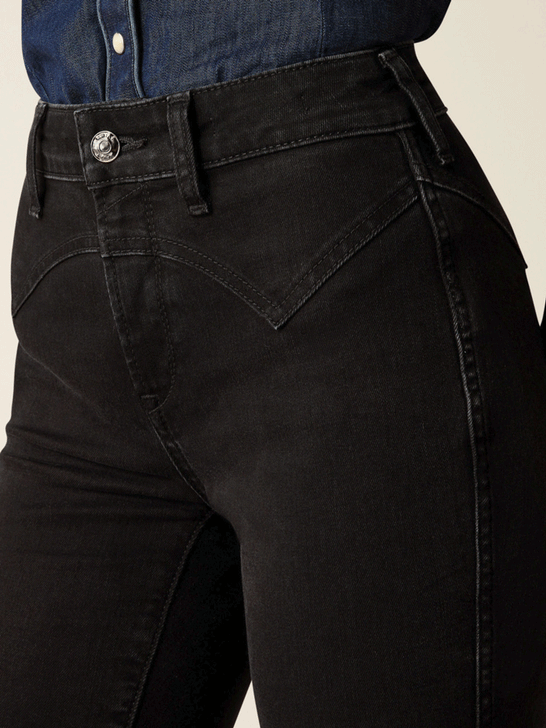 Ariat 10054301 Womens High Rise Dixie Slim Trouser Jeans Valencia Black front close up. If you need any assistance with this item or the purchase of this item please call us at five six one seven four eight eight eight zero one Monday through Saturday 10:00a.m EST to 8:00 p.m EST