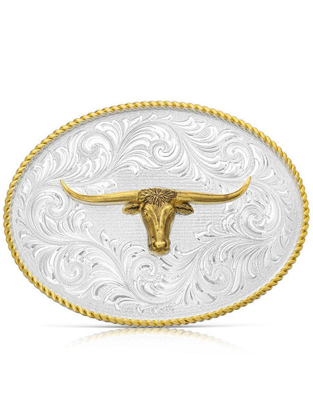 Montana Silversmiths 1255-767M Longhorn Classic Western Buckle Silver front view. If you need any assistance with this item or the purchase of this item please call us at five six one seven four eight eight eight zero one Monday through Saturday 10:00a.m EST to 8:00 p.m EST