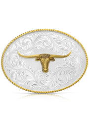 Montana Silversmiths 1255-767M Longhorn Classic Western Buckle Silver front view. If you need any assistance with this item or the purchase of this item please call us at five six one seven four eight eight eight zero one Monday through Saturday 10:00a.m EST to 8:00 p.m EST