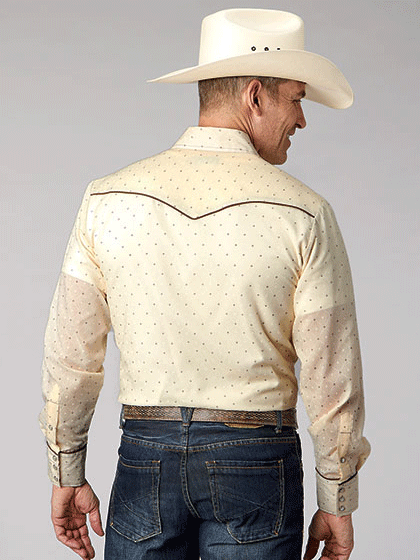 Roper 01-001-0086-4065 Mens Long Sleeve Retro Western Shirt Cream back view. If you need any assistance with this item or the purchase of this item please call us at five six one seven four eight eight eight zero one Monday through Saturday 10:00a.m EST to 8:00 p.m EST
