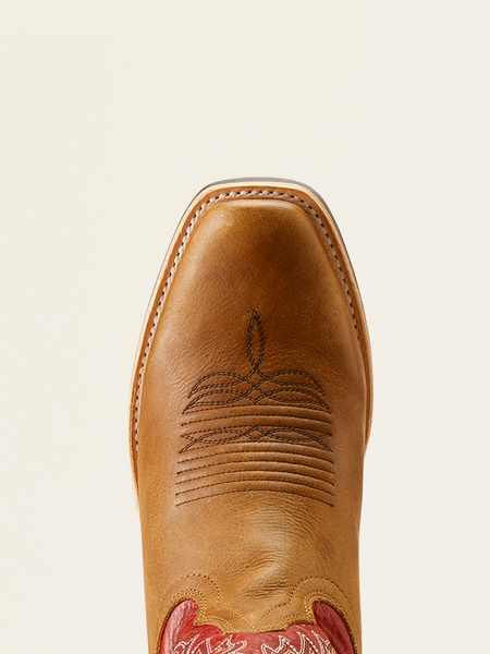 Ariat 10050878 Mens Ringer Cowboy Boot Red Cedar Tan toe view from above. If you need any assistance with this item or the purchase of this item please call us at five six one seven four eight eight eight zero one Monday through Saturday 10:00a.m EST to 8:00 p.m EST