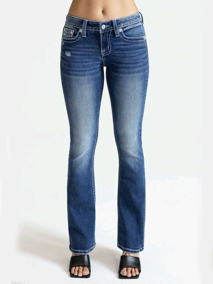 Miss Me M3444B117 Womens Mid Rise Boot Jean Medium Blue back pocket close up view. If you need any assistance with this item or the purchase of this item please call us at five six one seven four eight eight eight zero one Monday through Saturday 10:00a.m EST to 8:00 p.m EST
