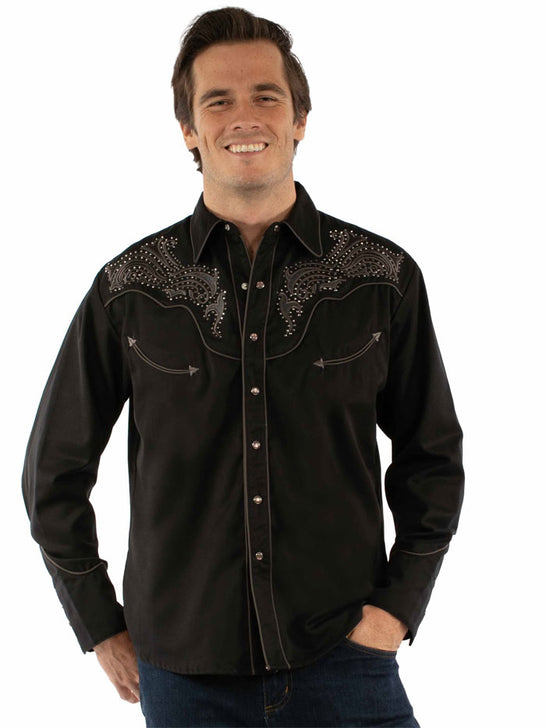 Scully P-930 Mens Embroidered Yokes Western Shirt Black front view. If you need any assistance with this item or the purchase of this item please call us at five six one seven four eight eight eight zero one Monday through Saturday 10:00a.m EST to 8:00 p.m EST