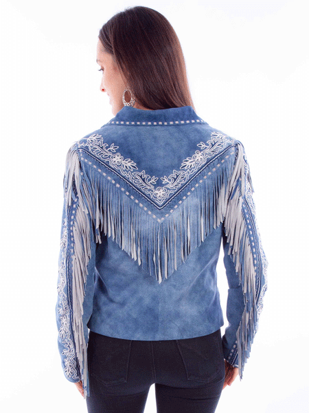 Scully L1120-169 Womens Embroidered Zip Front Jacket With Fringe Blue back view. If you need any assistance with this item or the purchase of this item please call us at five six one seven four eight eight eight zero one Monday through Saturday 10:00a.m EST to 8:00 p.m EST