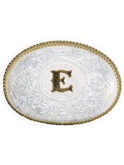 Montana Silversmiths 700 Initial Silver Engraved Gold Trim Western Belt Buckle letter E front view. If you need any assistance with this item or the purchase of this item please call us at five six one seven four eight eight eight zero one Monday through Saturday 10:00a.m EST to 8:00 p.m EST